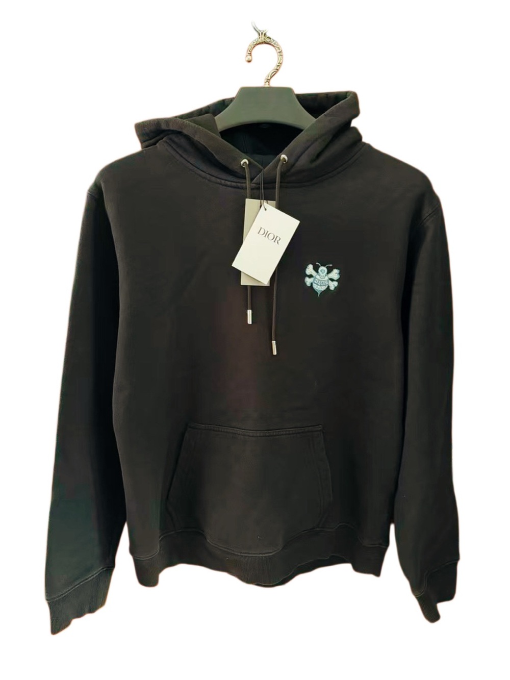 Dior Black Men's Logo Chest Hoodie with Light Blue Emblem